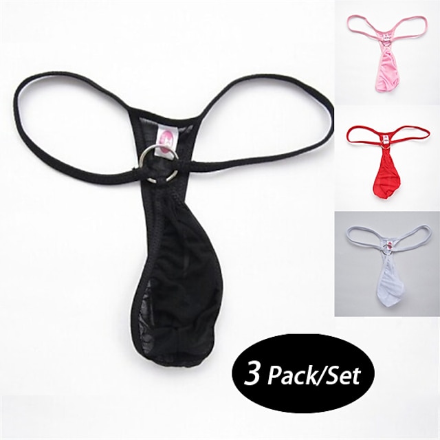  Men's 3 Pack Thongs Thong Underwear G-string Underwear String Cotton Polyester Solid Colored Low Waist Black White
