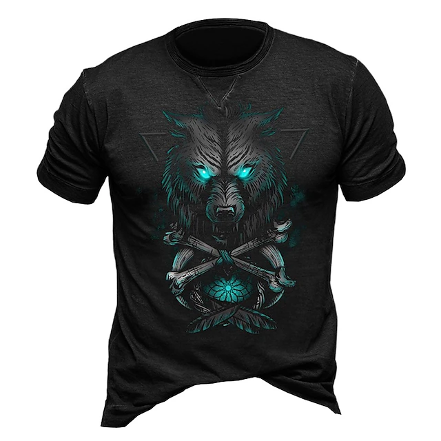 Mens Graphic Tee, Fierce Wolf Head with Glowing Eyes Print, Tribal Bones Design, Dark Blue Casual T-Shirt 5