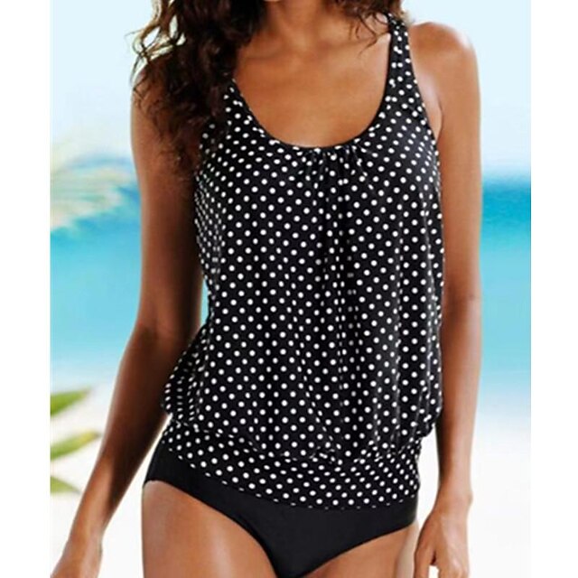  Women's Swimwear Normal Tankini 2 Piece Swimsuit Polka Dot Black Tank Top Bathing Suits Summer Sports