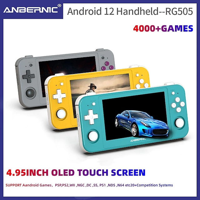  ANBERNIC RG505 New Retro Handheld Game Console, 4.95 inch OLED Touch Screen Android 12 T618 64-bit Built-in Hall Joyctick 4000+ Games,Christmas Birthday Party Gifts for Friends and Children