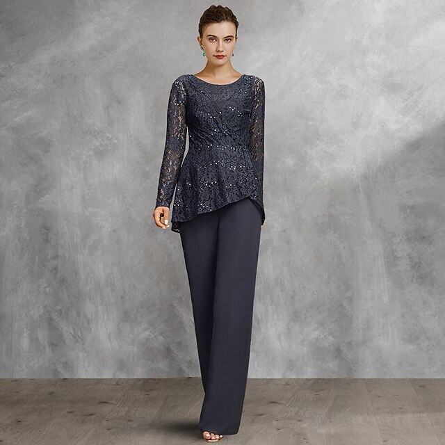Two Piece Pantsuit Mother of the Bride Formal Wedding Guest Church Elegant Scoop Neck Floor Length Chiffon Lace Long Sleeve with Sequin 5