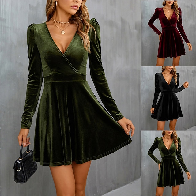  Women's Party Dress Velvet Dress A Line Dress Mini Dress Black Wine Army Green Pure Color Long Sleeve Winter Fall Spring Ruched Fashion V Neck Slim Party Winter Dress Daily 2022 S M L XL