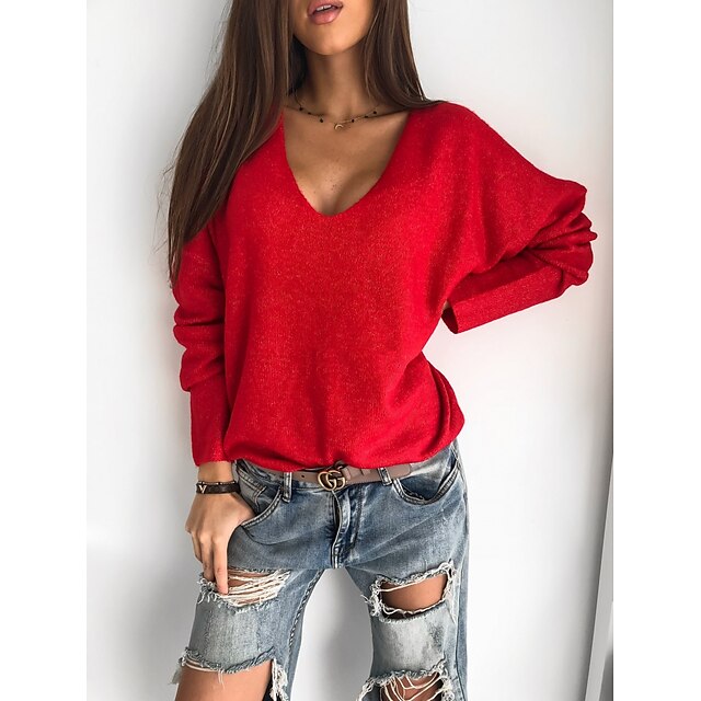  Women's Sweatshirt Pullover Basic Yellow Red Purple Solid Color Street Long Sleeve V Neck