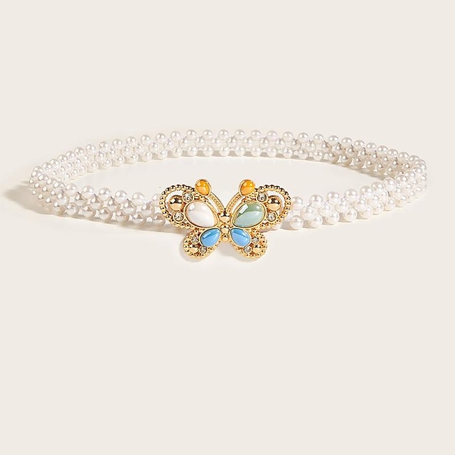  Damen Kettengürtel Plastik Schnalle frei Perlen-Perlen-Dekor Klassisch Hochzeit Party Perlengürtel mit Schmetterlingsschnalle aus Keramik