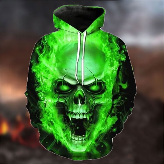  Men's Pullover Hoodie Sweatshirt Green Hooded Skull Graphic Prints Print Daily Sports 3D Print Basic Streetwear Casual Spring & Fall Clothing Apparel Ghost Rider