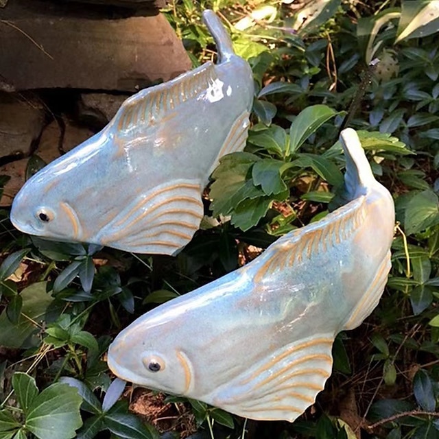 Koi Fish Decor Garden,Garden Koi Fish Sculptures Ceramic with Stake, Koi Fish Garden Sculptures