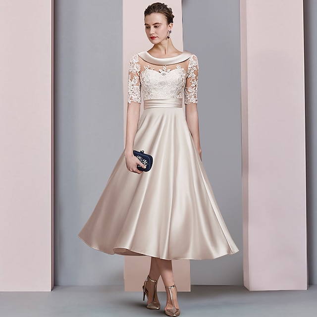  A-Lijn Gouden Moeder van de Bruid Jurk Bruidsgast Elegante Vintage Scoop Nek Thee Lengte Satijn Kant Half Mouw met Gerimpelde Applicaties gratis maat op maat