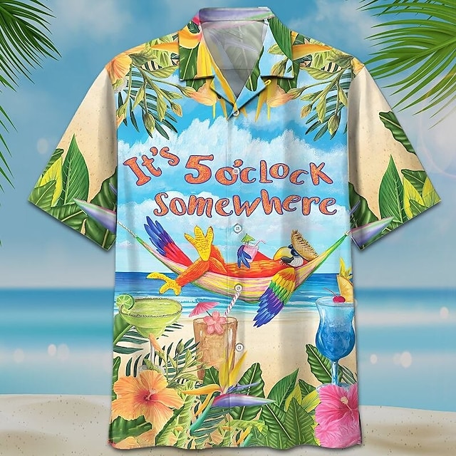  Men's Shirt Summer Hawaiian Shirt It's 5 o'clock Somewhere Shirt Letter Graphic Prints Parrot Beach Turndown White Blue Sky Blue Blue / White Casual Hawaiian Short Sleeve Print Button-Down Clothing