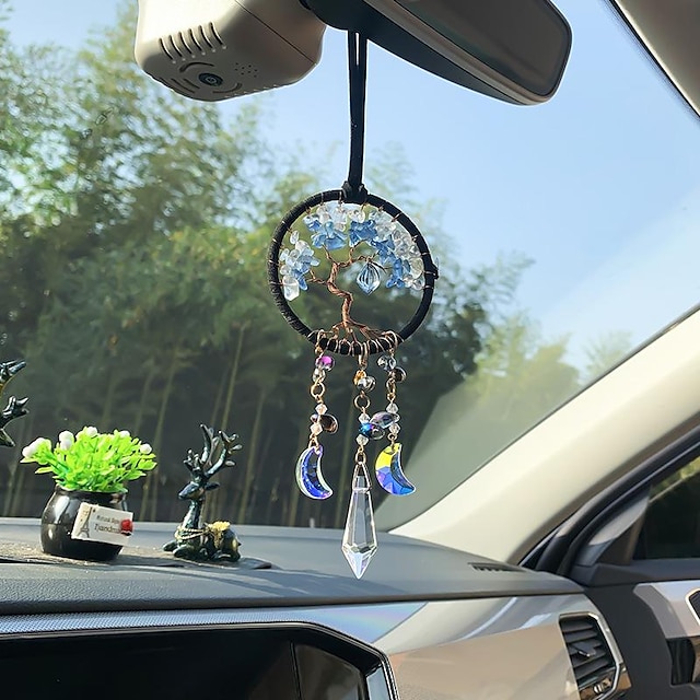  Life of Tree Sun Catcher Dream Catcher with Colorful Crystal Handmade Gift Wall Hanging Wind Chimes Car Hanging Home Pendant 7x35cm/2.76''x13.78''
