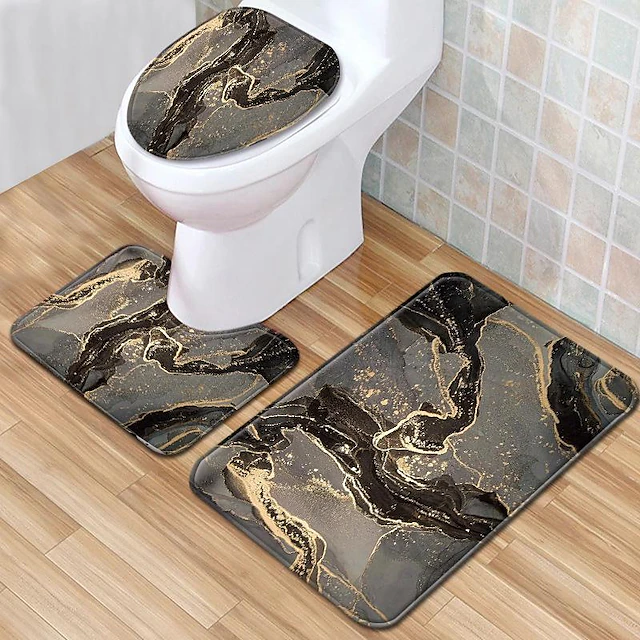 Set of 3 Pieces Bath Mat Non-slip Bathroom Rug, U Shaped Contour Rug & Toilet lid Cover, Marble Texture Bath mat, Non Slip & Soft Absorbent Polyester Carpet 41