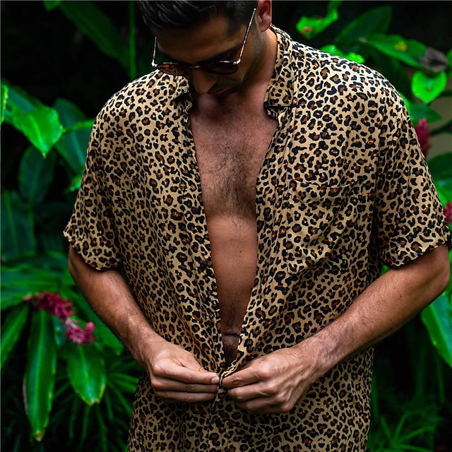  Hombre Camisa Leopardo Estampados Cuello Vuelto Marrón Exterior Calle Mangas cortas Estampado Abotonar Ropa Tropical Moda Hawaiano Design