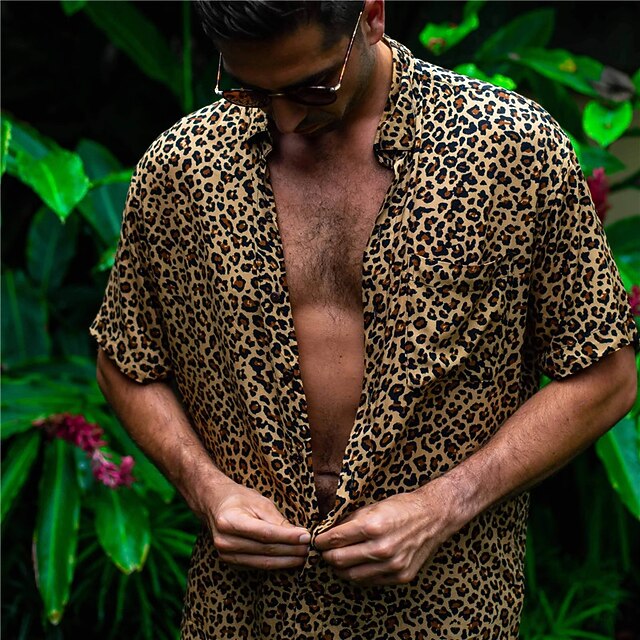 Men's Leopard Shirt Button Up Shirt Short Sleeve Tropical Fashion Hawaiian Outdoor Beach Summer Spring Turndown Print Button-Down Brown4