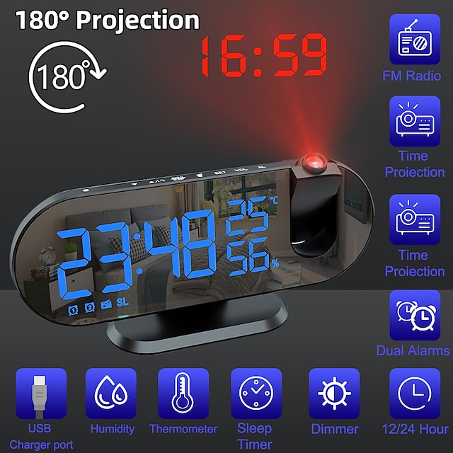 LED-projektion digital väckarklocka för sovrum FM-radio väckarklocka i taket temperatur & luftfuktighet display 12/24h snooze dubbel hög väckarklocka