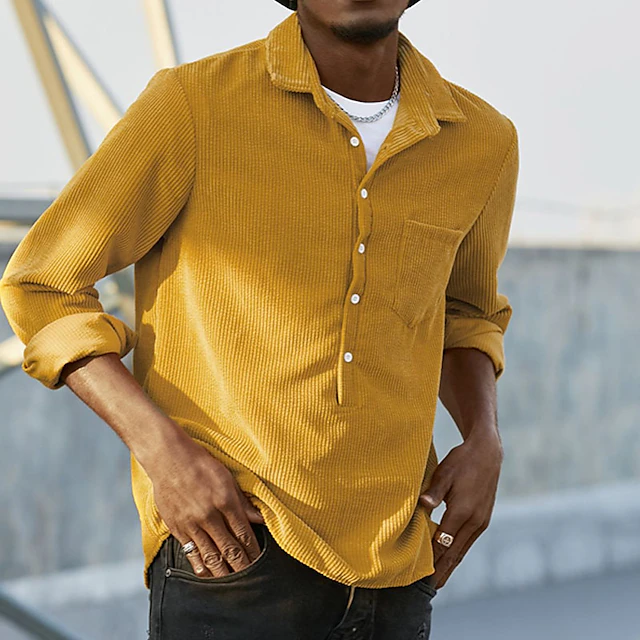 Men's Summer Shirt Casual Shirt Corduroy Shirt Yellow Red & White Long Sleeve Plain Lapel Outdoor Daily Wear Button Clothing Apparel Casual Comfort 9