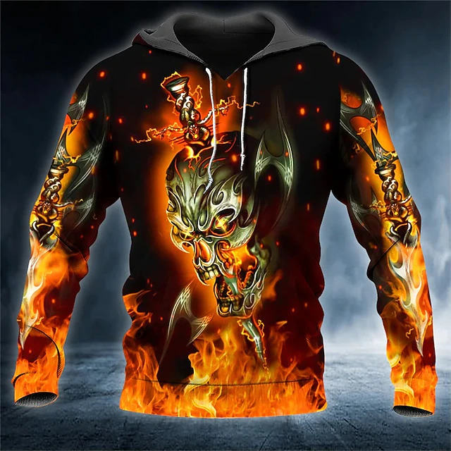 Men's Skull Graphic Prints Flame Hoodie Hoodies Sweatshirt Streetwear Designer Long Sleeve Hooded Daily Sports Orange Print Spring &  Fall Designer2
