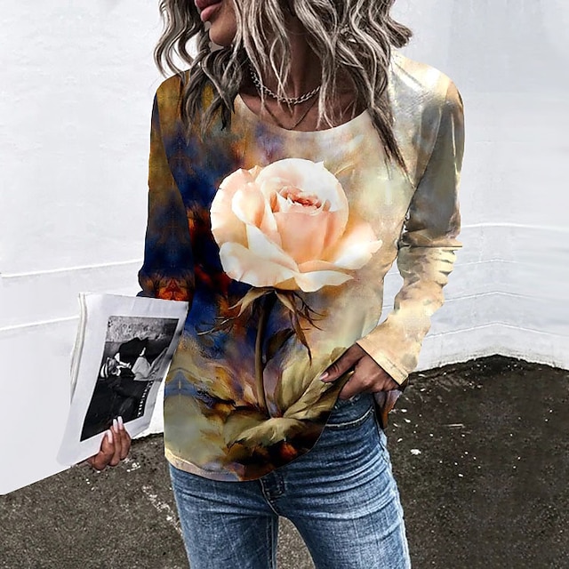  Women's T shirt Tee Yellow Print Floral Holiday Weekend Long Sleeve Round Neck Basic Regular Floral Painting S