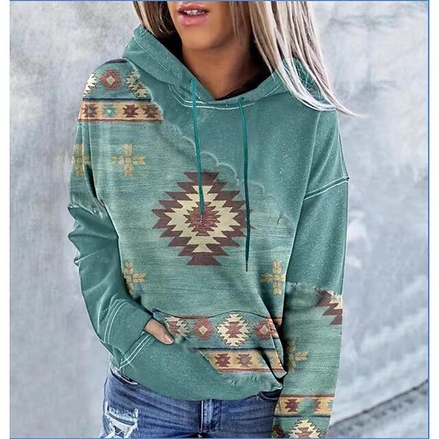  Women's Hoodie Sweatshirt Pullover Front Pocket Ethnic Navy Blue Brown Green Geometric Casual Long Sleeve Hoodie