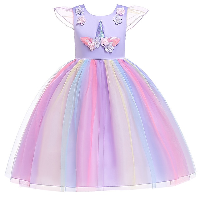  Fairytale Princess Unicorn Flower Girl Dress Tulle Dresses Tutus Girls' Movie Cosplay Cosplay Halloween Yellow Rosy Pink Blue Dress Halloween Carnival Masquerade Polyester World Book Day Costumes