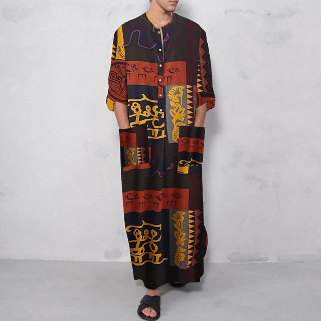  Homme Vêtements d'intérieur Chemise de nuit Imprimés Photos mode Confort Peignoirs Kimono Intérieur du quotidien Mélange de Coton Confort Doux manche longue Printemps Automne Noir Orange