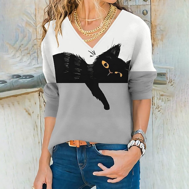  Women's T shirt Tee Black Yellow Pink Print Color Block Cat Daily Weekend Long Sleeve Round Neck Basic Regular 3D Cat Painting S