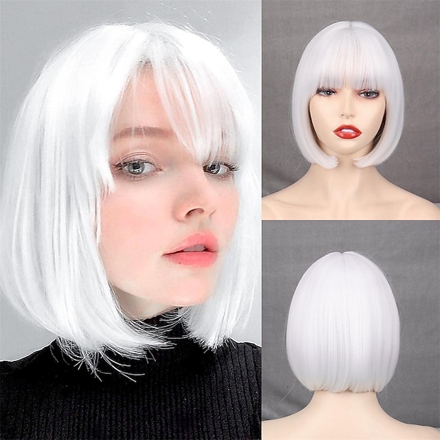  Short White Bob Wig Bangs Straight White Wig for Women Natural Synthetic Short White Wig Bangs for Daily Party Cosplay Halloween