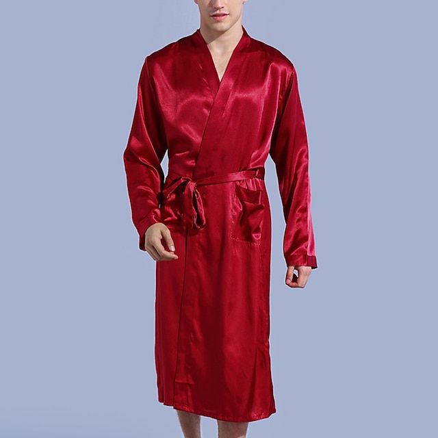  Herren Übergröße Schlafanzug Morgenmantel Seidenrobe Kimono aus Seide Einfarbig Stilvoll Casual Komfort Heim Täglich Kunstseide Komfort Lange Robe Tasche Frühling Sommer Schwarz Wein