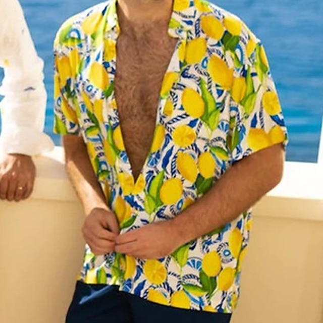  Herr Skjorta Hawaii skjorta Frukt Citron Grafiska tryck Nedvikt Gul Rodnande Rosa Brun Grön Svart + Svart Utomhus Gata Kort ärm Mönster Button-Down Kläder Tropisk Mode Hawaiisk Designer