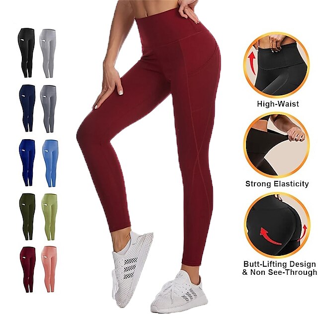  Women's Side Pockets Compression Tights Leggings Base Layer Athletic Athleisure Tummy Control Butt Lift Breathable Cotton Running Jogging Training Sportswear Activewear Solid Colored Deep Green Black
