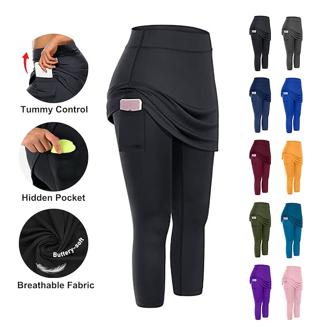  Women's Running Capri Leggings Running Skirt with Tights 2 in 1 with Phone Pocket Base Layer Athletic Athleisure Spandex Breathable Moisture Wicking Soft Gym Workout Running Jogging Sportswear