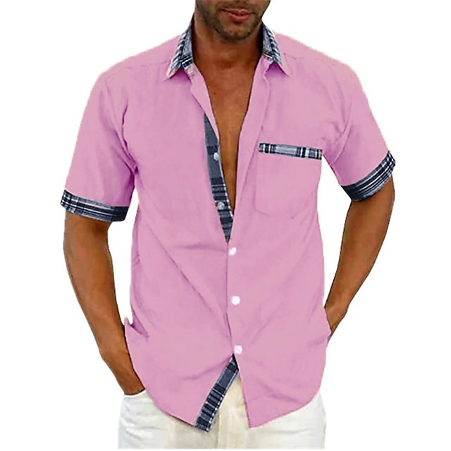  Homens Camisa Social camisa de botão camisa de verão Bloco de cor Xadrez Aberto para a Lateral Preto Branco Rosa Vermelho Azul Rua Casual Manga Curta Botão para baixo Roupa Esportes Moda Clássico
