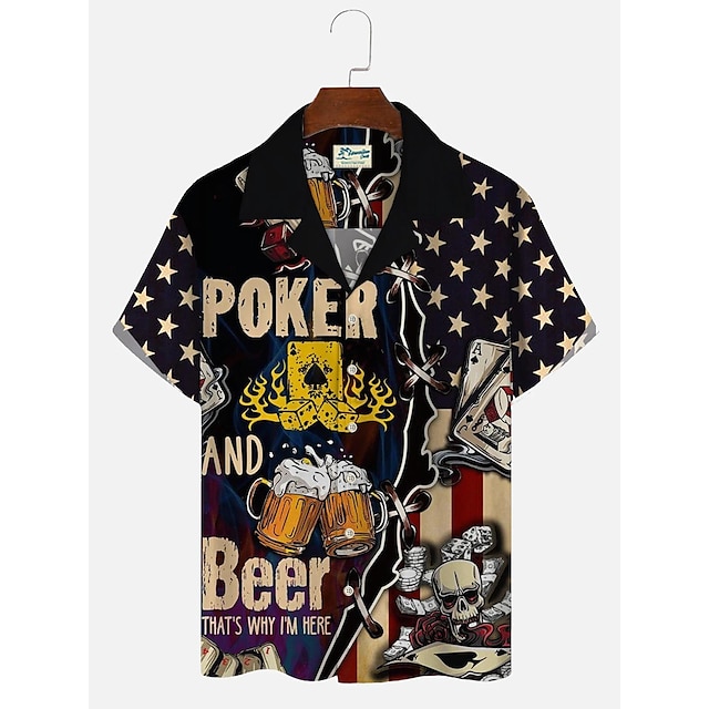  retro 50-talls hawaiianske skjorter for menn, amerikansk flagg øl poker rynkefri pluss størrelse aloha skjorter