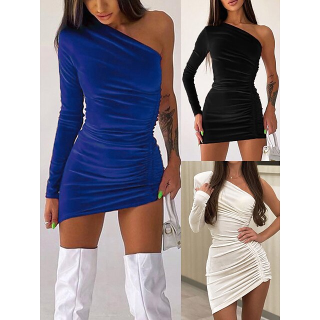  Women‘s Semi Formal Party Dress Wedding Guest Dress Velvet Dress Bodycon Mini Dress Black White Blue Long Sleeve Pure Color Ruched Winter Fall Spring One Shoulder Fashion 2023 S M L