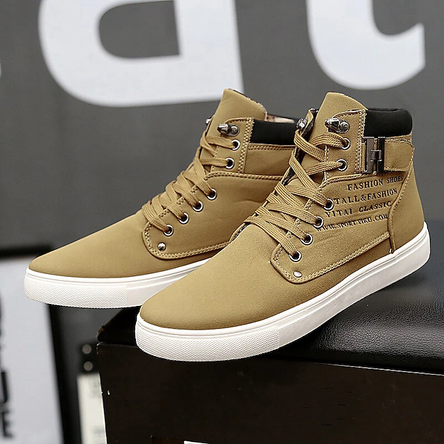 Men's Tan High-Top Sneakers with Lace-Up Design and Buckle Detail for ...