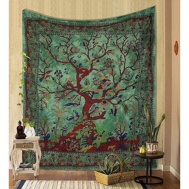  tapeçaria árvore da vida verde tapeçaria tapeçaria psicodélica de algodão indiano colcha dupla para piquenique folha de piquenique decoração de parede cobertor arte da parede hippie quarto sala de