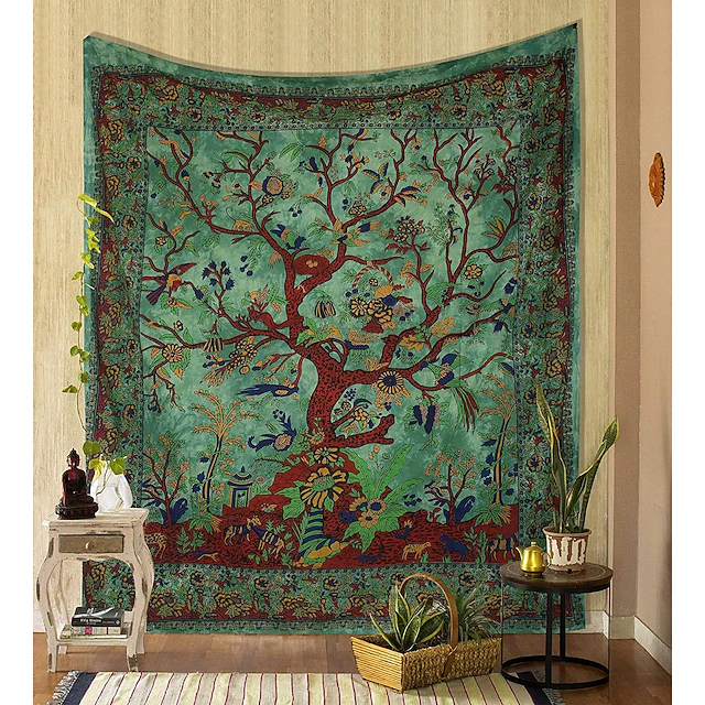 Tapestry Green Tree of Life Wall Hanging Psychedelic Tapestries Indian Cotton Twin Bedspread Picnic Sheet Wall Decor Blanket Wall Art Hippie Bedroom Livingroom 12