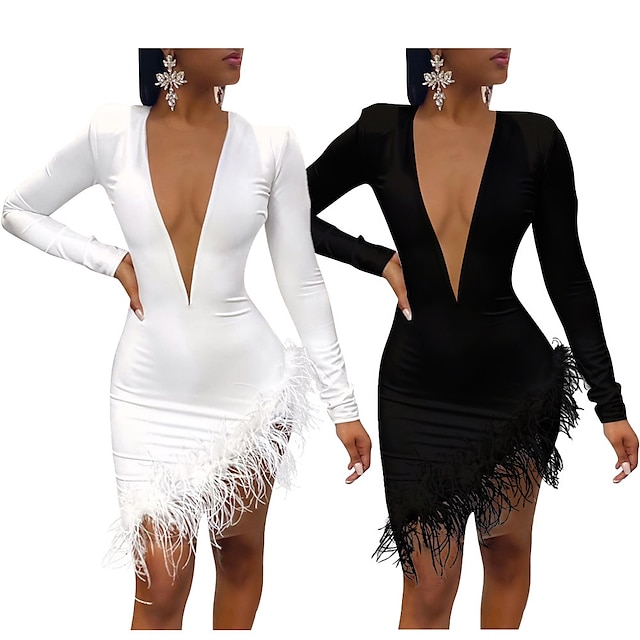  Women's Party Dress Feather Dress Cocktail Dress Mini Dress Black White Yellow Long Sleeve Pure Color Mesh Spring Fall Winter V Neck Hot Party Winter Dress Birthday Slim 2023 S M L XL