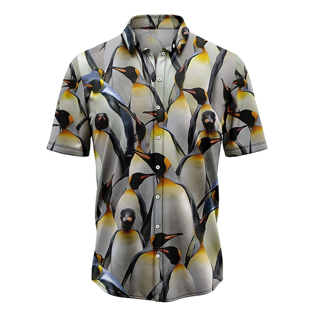 男性用 シャツ アロハシャツ 動物 グラフィック ペンギン 折襟 グレー ストリート カジュアル 半袖 プリント ボタンダウン 衣類 トロピカル風 ファッション ハワイアン デザイナー