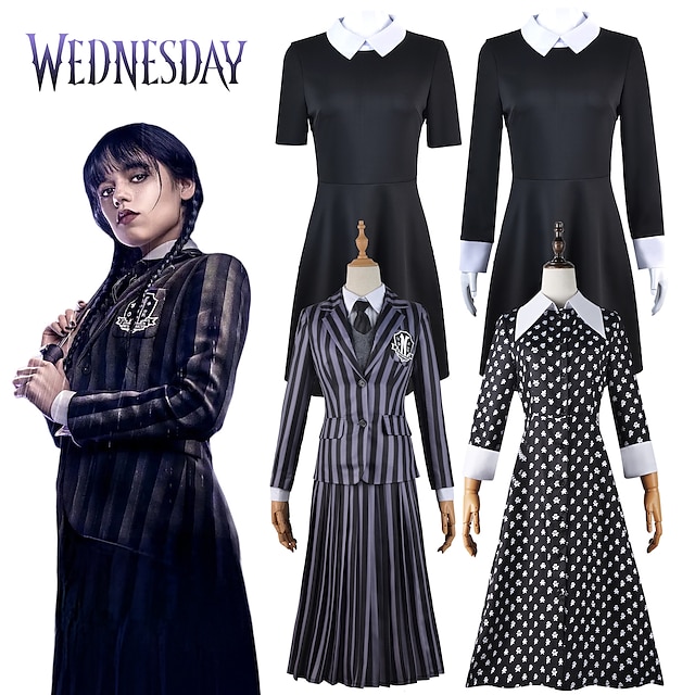  Wednesday Addams Movie / TV Theme Costumes Wednesday Dress Outfits Women's Movie Cosplay Punk & Gothic Gray & Black Black 1 Black Halloween Carnival Shirt Top Skirt