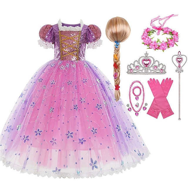  Rapunzel Fairytale Princess Sofia Flower Girl Dress Theme Party Costume Tulle Dresses Girls' Movie Cosplay Halloween With Accessories Dress Halloween Carnival Masquerade World Book Day Costumes