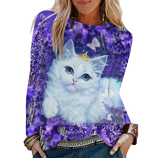  Women's T shirt Tee Black Pink Blue Print Cat Dog Daily Weekend Long Sleeve Round Neck Basic Regular 3D Cat Painting S