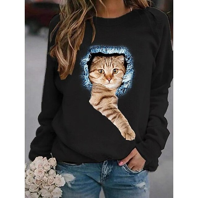  Women's Hoodie Sweatshirt Cute Casual Black White Grey Cat Dog Street Long Sleeve Round Neck