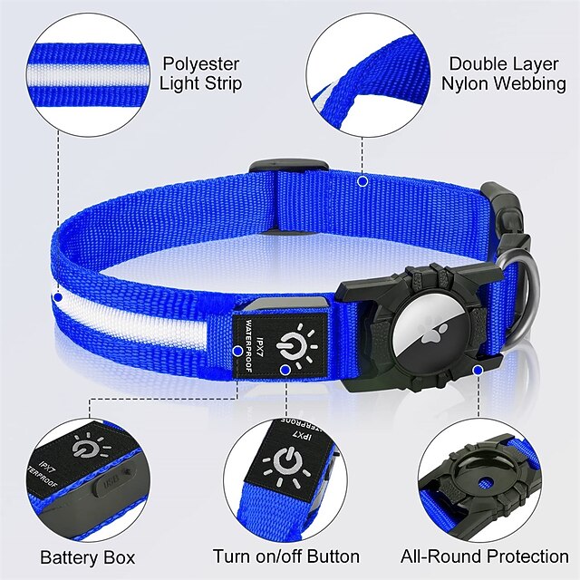 Light Up Dog Collar IPX7 Waterproof LED Flashing for Airtag Pet Collars