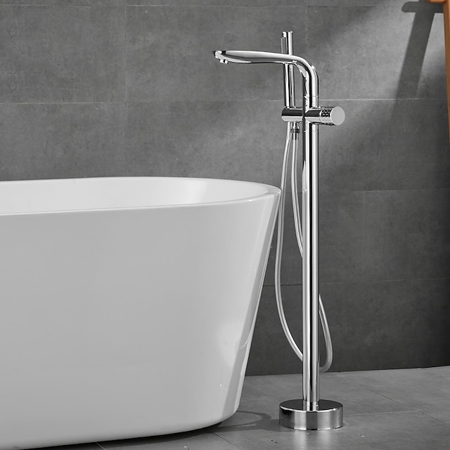  Bathtub Faucet Floor Mount Freestanding Tub Filler Brass High Flow Shower Faucets with Handheld Shower Mixer Taps Swivel Spout(Gun Grey/Brushed Golden)