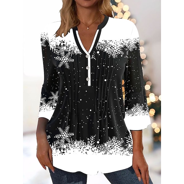 Women's Shirt Blouse Graphic Print Snowflake Christmas Button Print Flowing tunic Black Long Sleeve Christmas V Neck Fall & Winter
