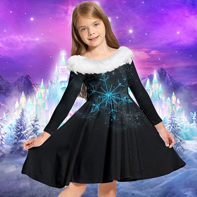  kinderkleidung Mädchen Kleid Schneeflockenkleid Schneeflocke Langarm Casual Pelzkragen Rundhalsausschnitt bezaubernd Täglich Polyester Übers Knie Casual kleid Schaukelkleid A Linie Kleid Herbst Winter