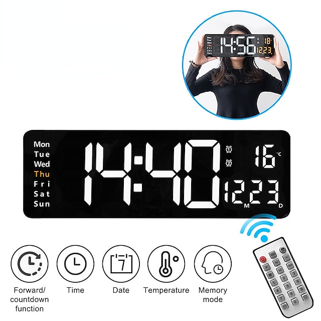 Large Digital Wall Clock Remote Control Temp Date Week Display Power Off Memory Table Clock Wall-mounted Dual Alarms LED Clocks