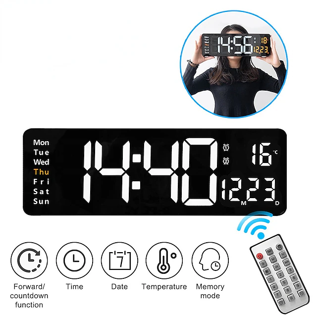 Large Digital Wall Clock Remote Control Temp Date Week Display Power Off Memory Table Clock Wall-mounted Dual Alarms LED Clocks 12