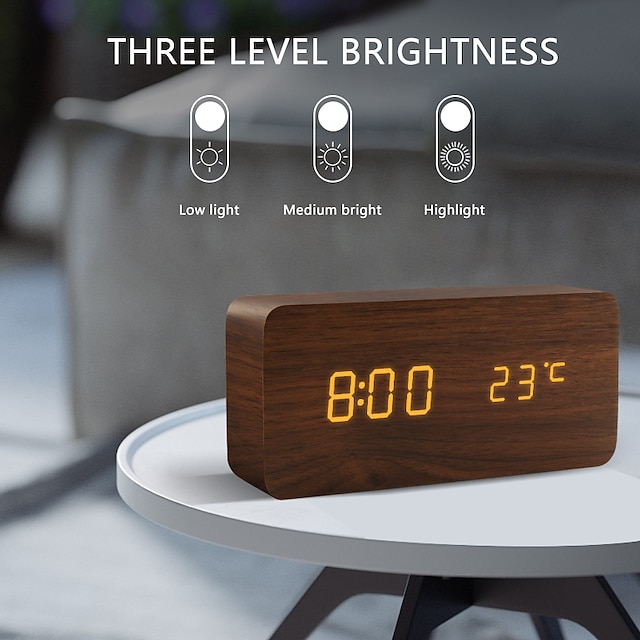  Reloj despertador led de madera, reloj de mesa con control de voz, despertador digital de madera, relojes de escritorio electrónicos alimentados por usb/aaa