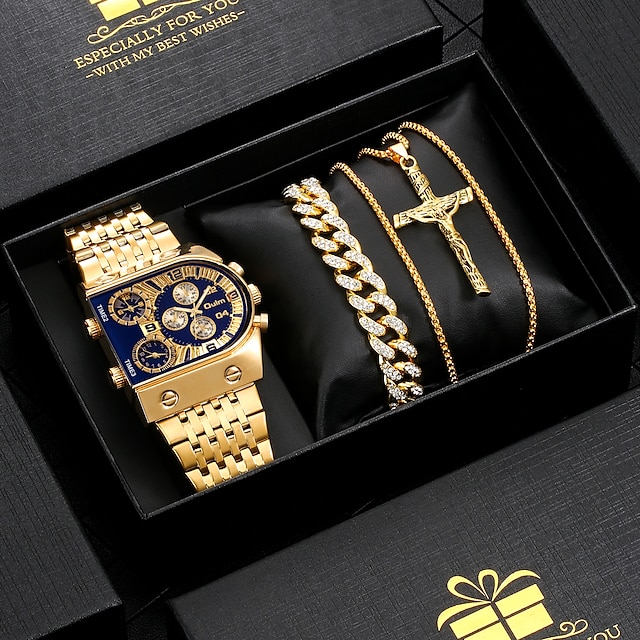  Oulm conjunto de relógio de quartzo masculino dourado, relógio de pulso masculino de negócios, conjunto de presente de luxo, colar de ouro, pulseira de aço inoxidável, mostrador quadrado, presente de