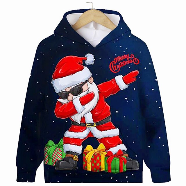  Barn Pojkar Huvtröja med jultema Huvtröja Grafisk jultomten Emoji Långärmad Ficka Vår Höst Vinter Mode söt stil Polyester Utomhus Ledigt